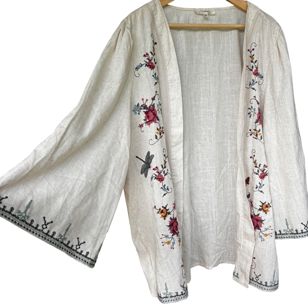 Embroidered Cardigan Linen Blend Floral Butterfly Cottagecore Folk Boho Indie 1X